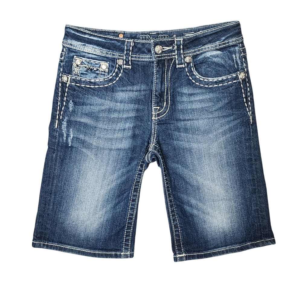 Miss Me Boyfriend Bermuda Denim Shorts Size 26 Dark Wash Embellished Booty